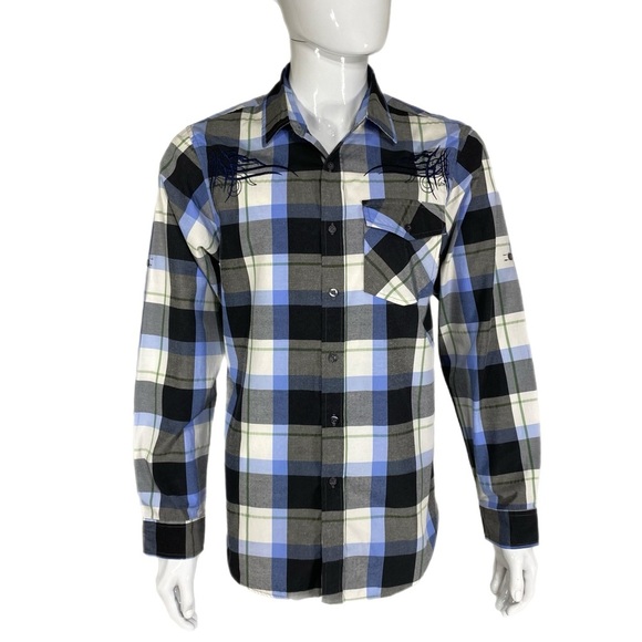 Ag~ileCouture Men’s Embroidered Plaid Tejano Western Style Shirt - Picture 1 of 5
